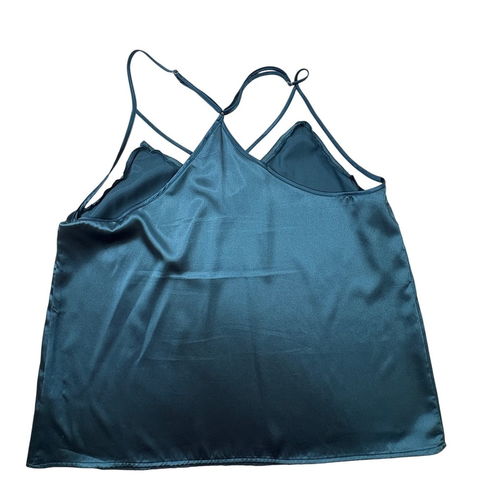 EKOUAER Cami‎ Tank Top Women's Large Blue Satin Mesh Trim Strappy V-Neck